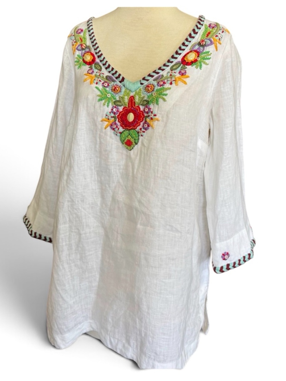 Floral Embroidered White Linen Women’s Tunic 3/4 Sleeve Top Cottagecore Small